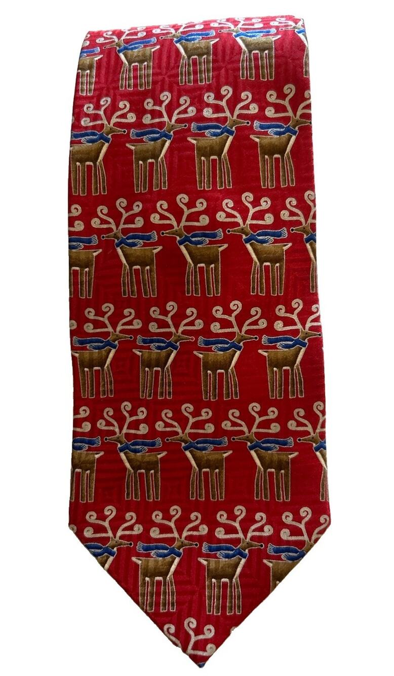 Vtg FN Men's Silk Tie Red Jacquard Christmas Reindeer 3.5” Handsewn Necktie Fun